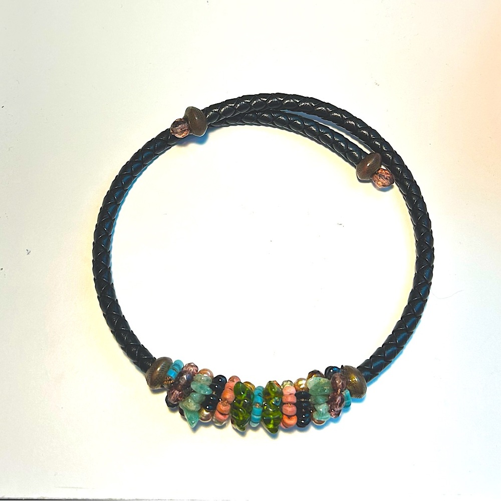 Braided black faux leather beaded choker necklace